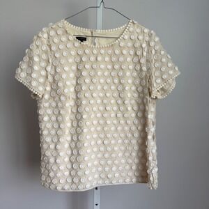 Talbots Top sz 8 Cream‎ Luxury Minimalist Textured Polka Dot Short Sleeve Blouse